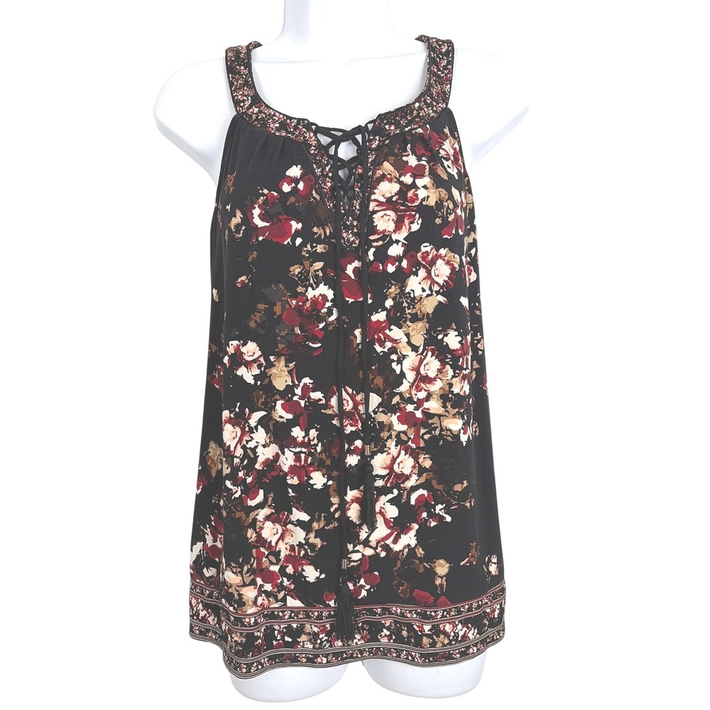 White House Black Market Womens Whimsigoth Boho Floral Tank Top Lace Up Tassel M